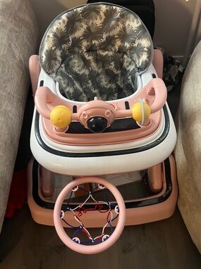 Adjustable baby walker with basketball hoop and removable music tray